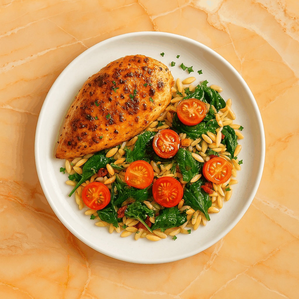 Creamsicle orange and cream marbled backdrop with plate of seasoned chicken, spinach, tomatoes, and orzo.