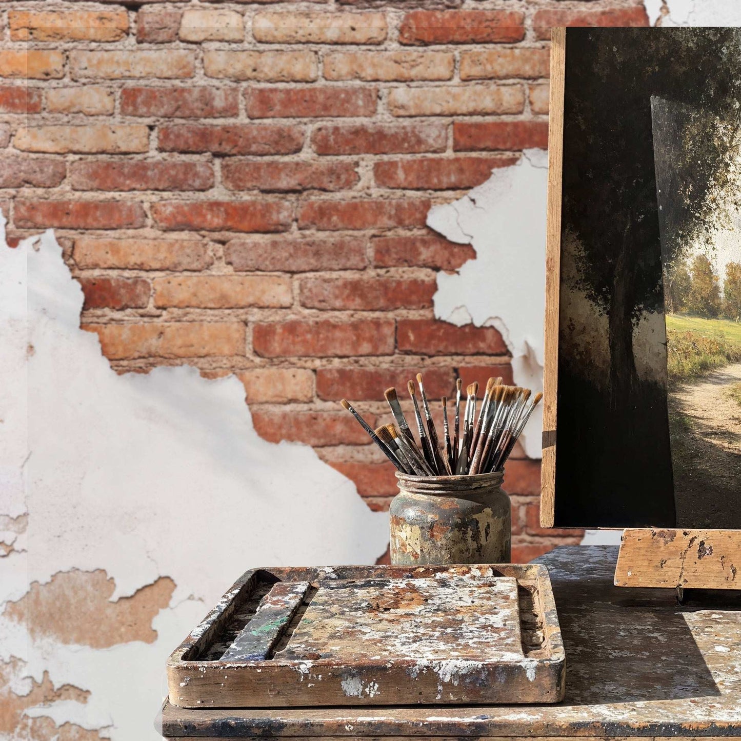 Worn masonry with peeling white paint revealing warm brick wall, displaying rustic and vintage charm.