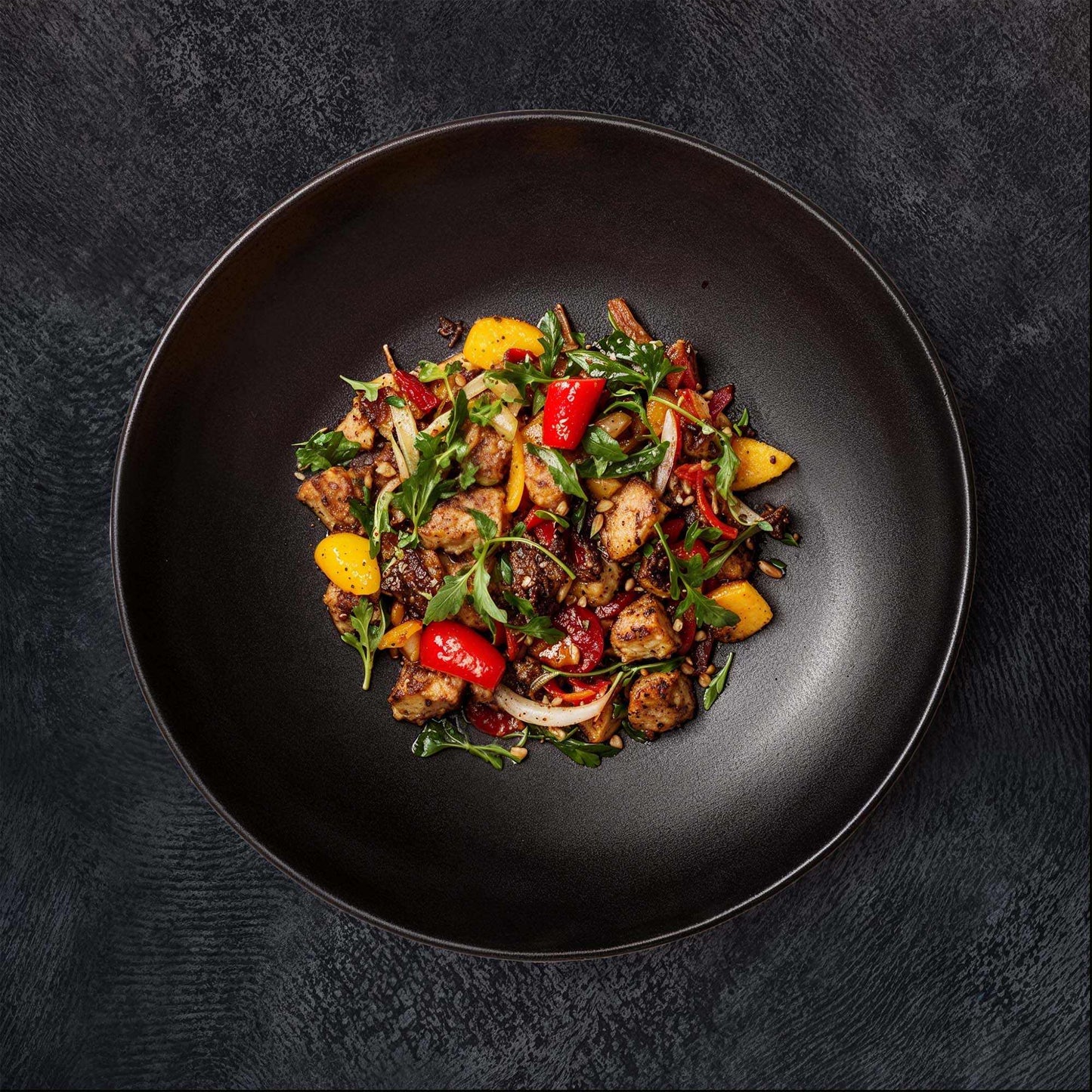 Raven's Wing backdrop with rich dark texture and subtle patterns in a food photography setup.