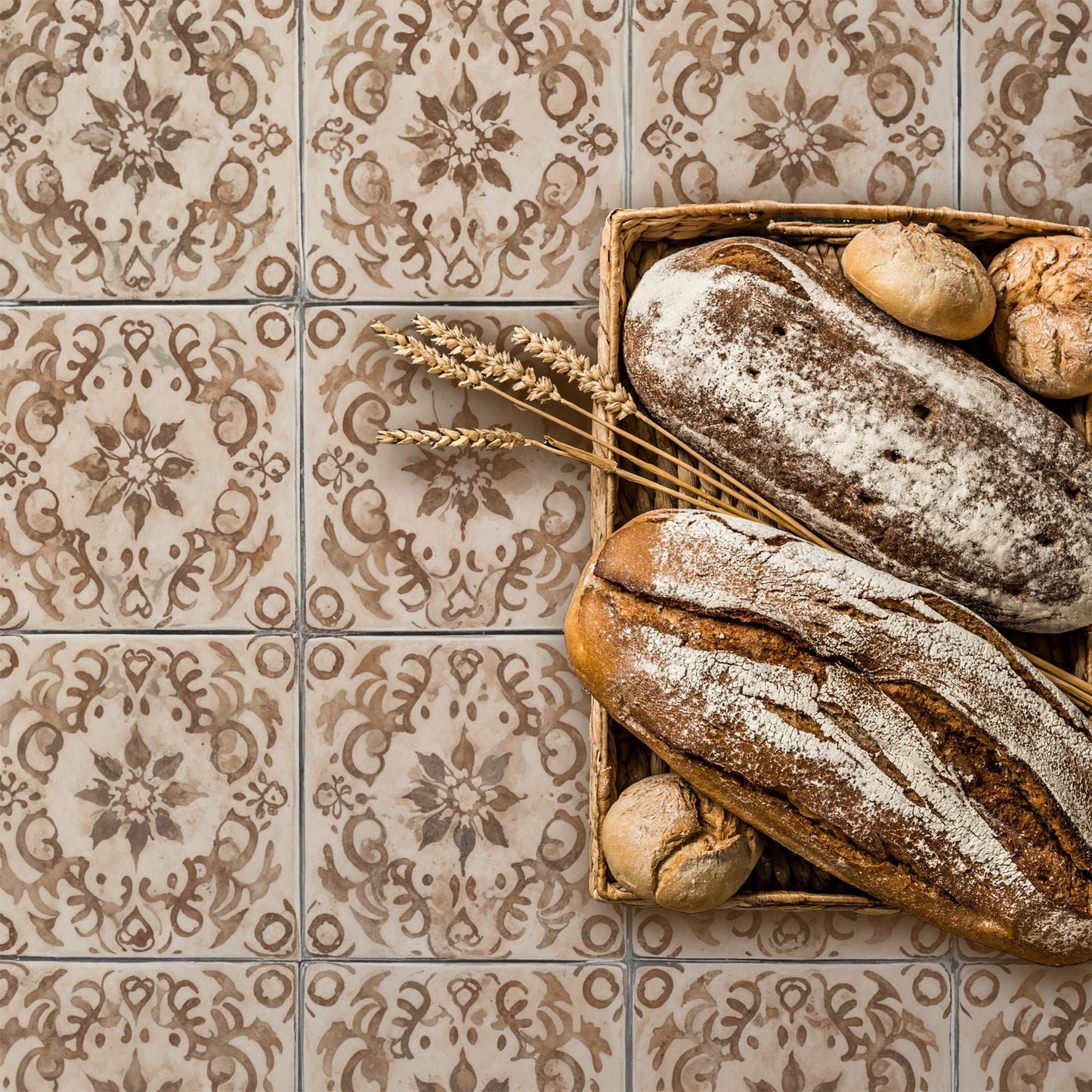 Hand-painted antique tiles backdrop with intricate floral patterns and warm tones, ideal for vintage-style food and product photography.