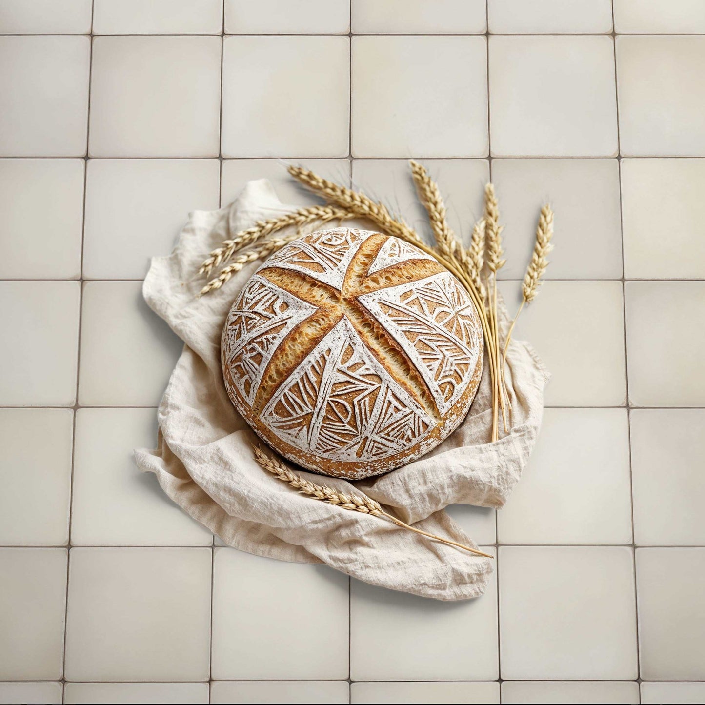 Almond Dust Tiles with light beige tones and a natural stone texture, featuring a structured grid pattern for a serene, elegant interior design.