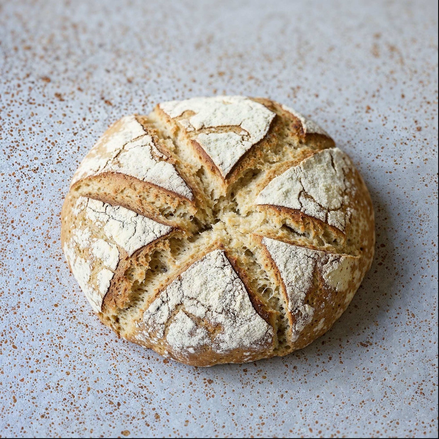 Warm Terrazzo backdrop with artisanal round bread showcasing natural earthy tones.