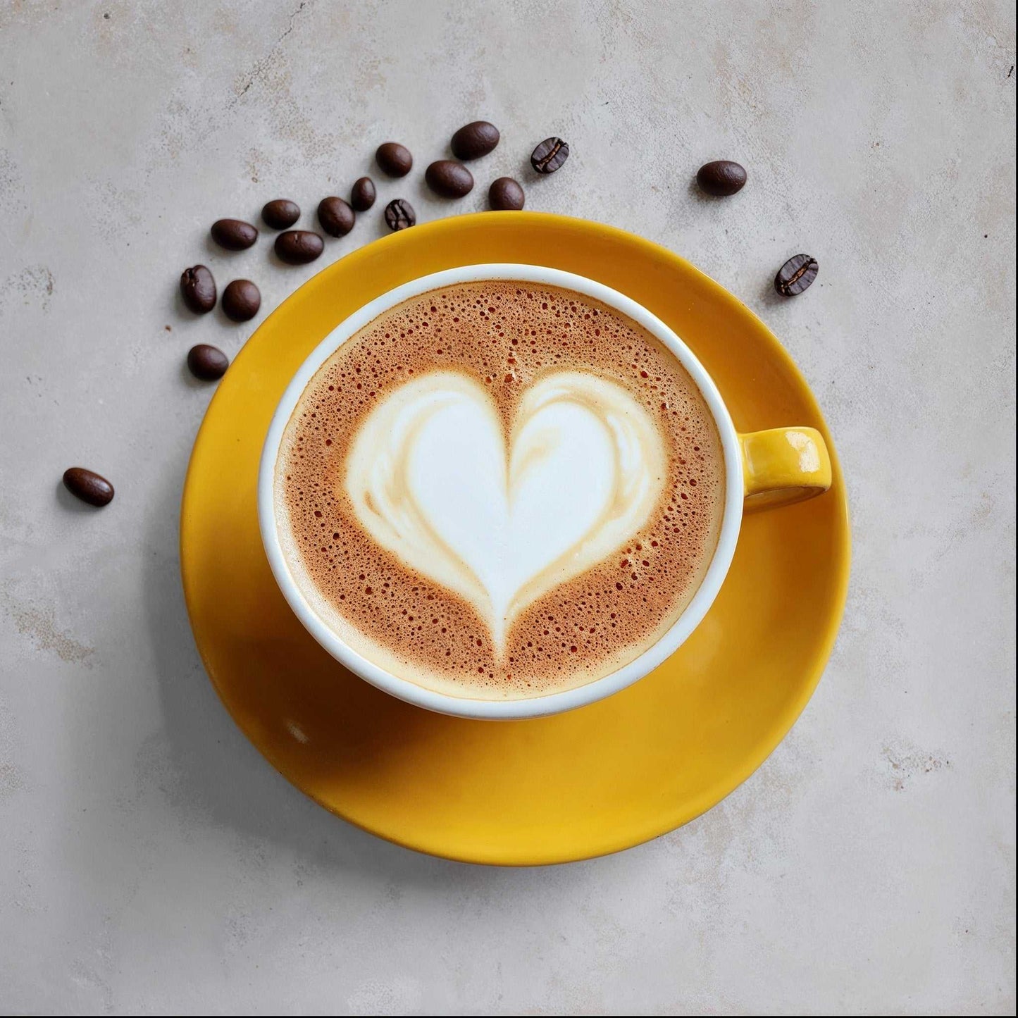 Subtle Touch background with cappuccino in yellow cup, heart latte art, coffee beans scattered.
