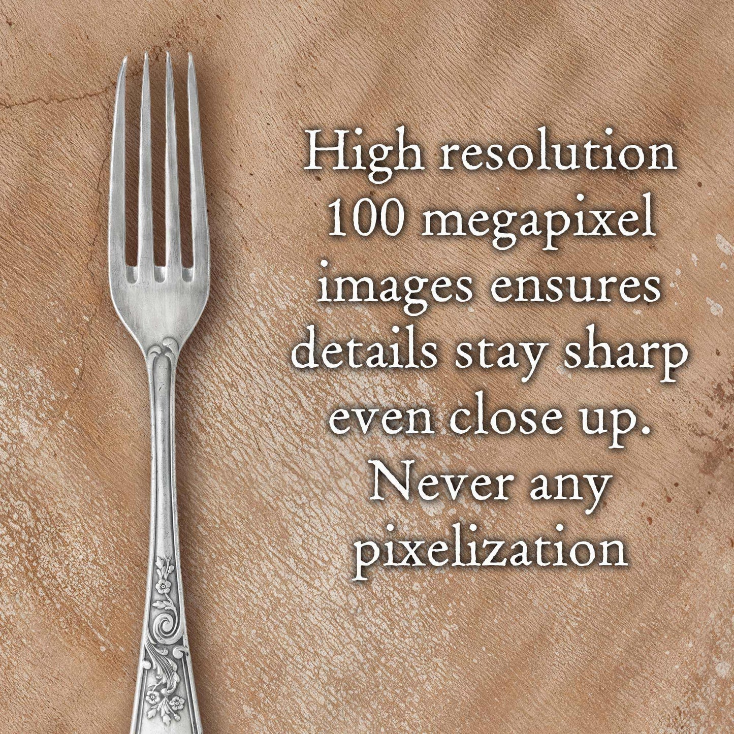Sandstone Brushstrokes backdrop with earthy tones and subtle brushstrokes, featuring a high-resolution 100-megapixel image of a silver fork.