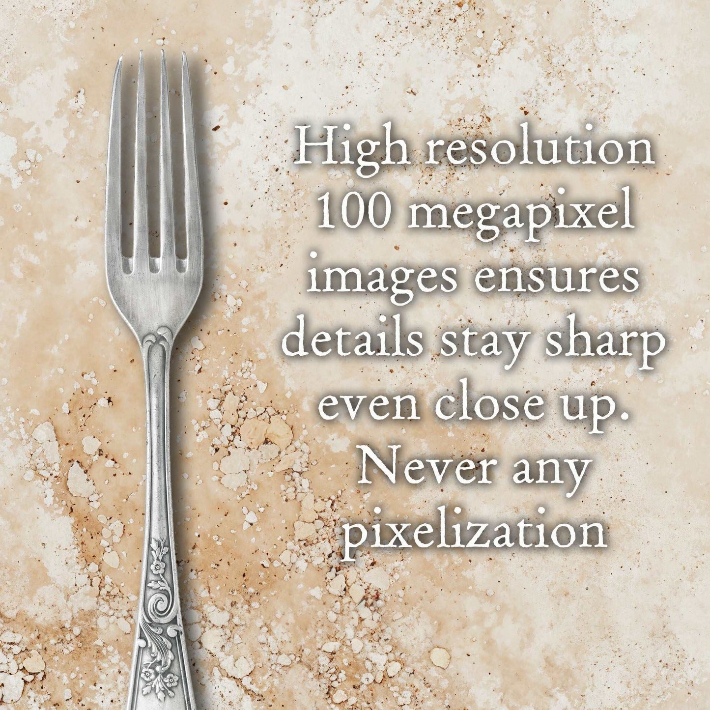 Sandstone Veil texture backdrop with beige and cream tones ideal for photography, featuring high resolution details and a fork for scale.