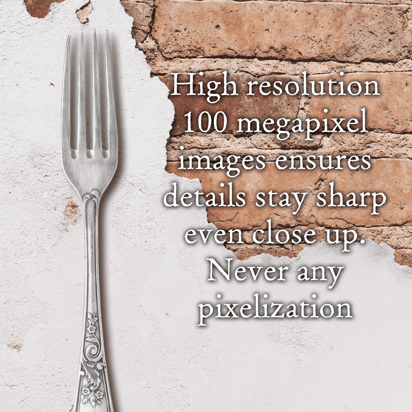 Worn masonry texture with peeling white paint revealing warm brick wall, paired with a vintage fork for rustic ambiance.