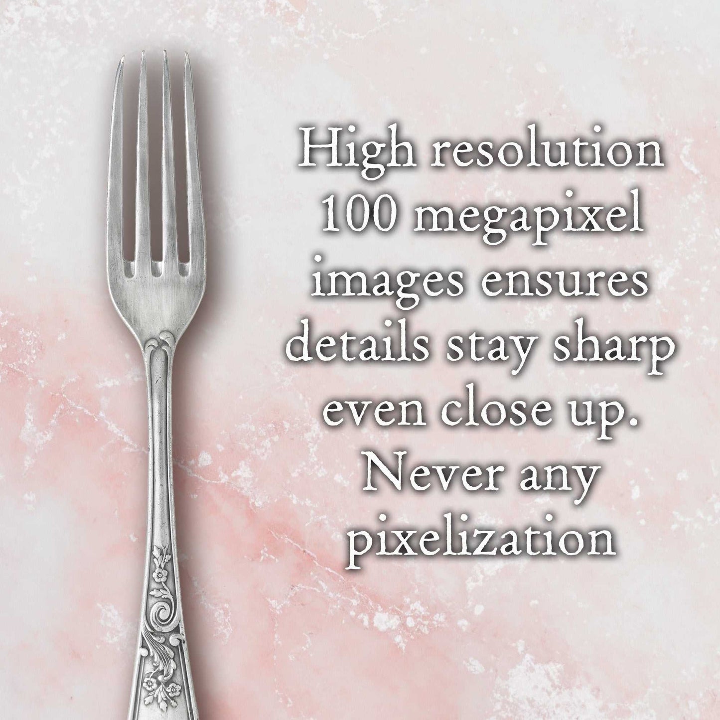 Pink Quartz backdrop with marbled texture and silver fork.