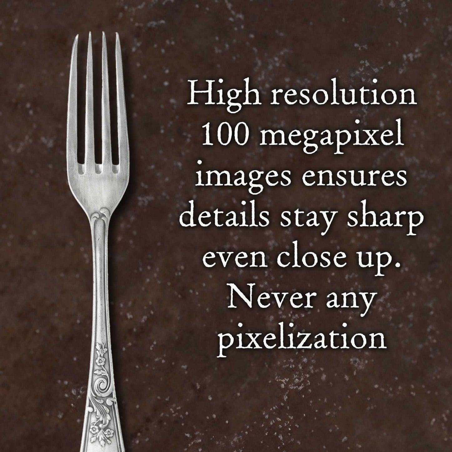High resolution dark brown matte stone texture "Amalfi Palace" with elegant fork and text highlighting 100 megapixel detail.