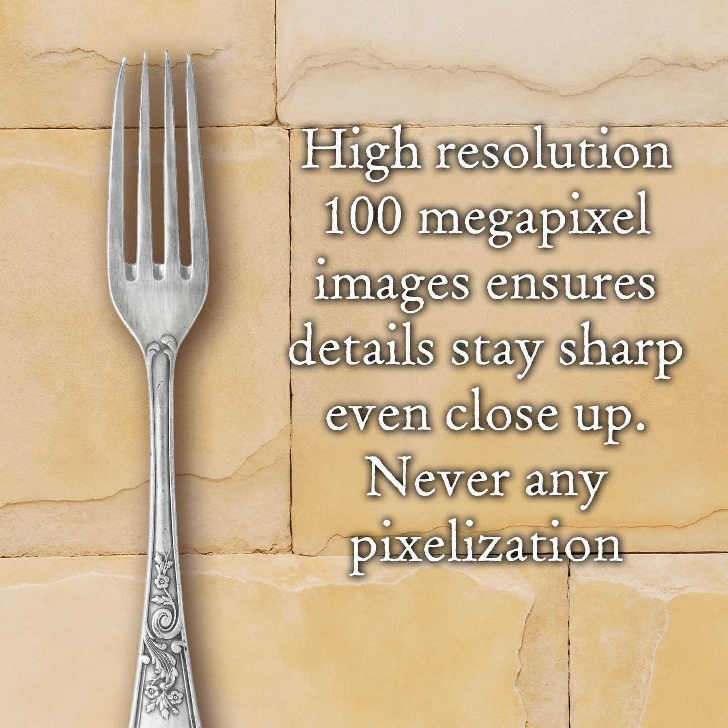 Butterscotch Blocks sandstone backdrop with light yellow bricks, featuring a silver fork and high resolution text emphasizing sharp details.