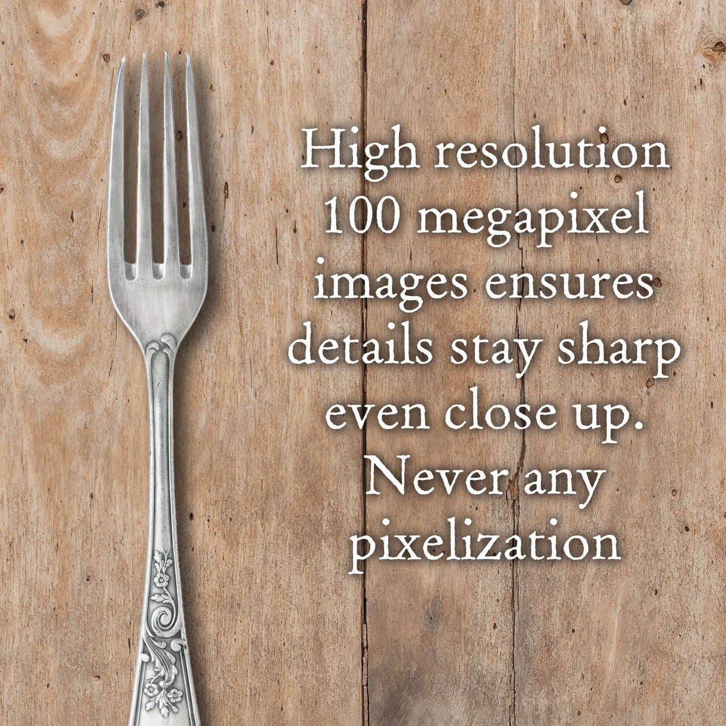Wooden plank backdrop with vintage fork, showcasing high-resolution detail for rustic photography.