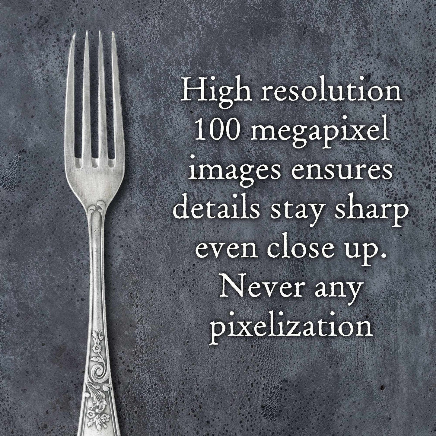 Charcoal Veil dark grey background with elegant fork and text about 100 megapixel resolution.
