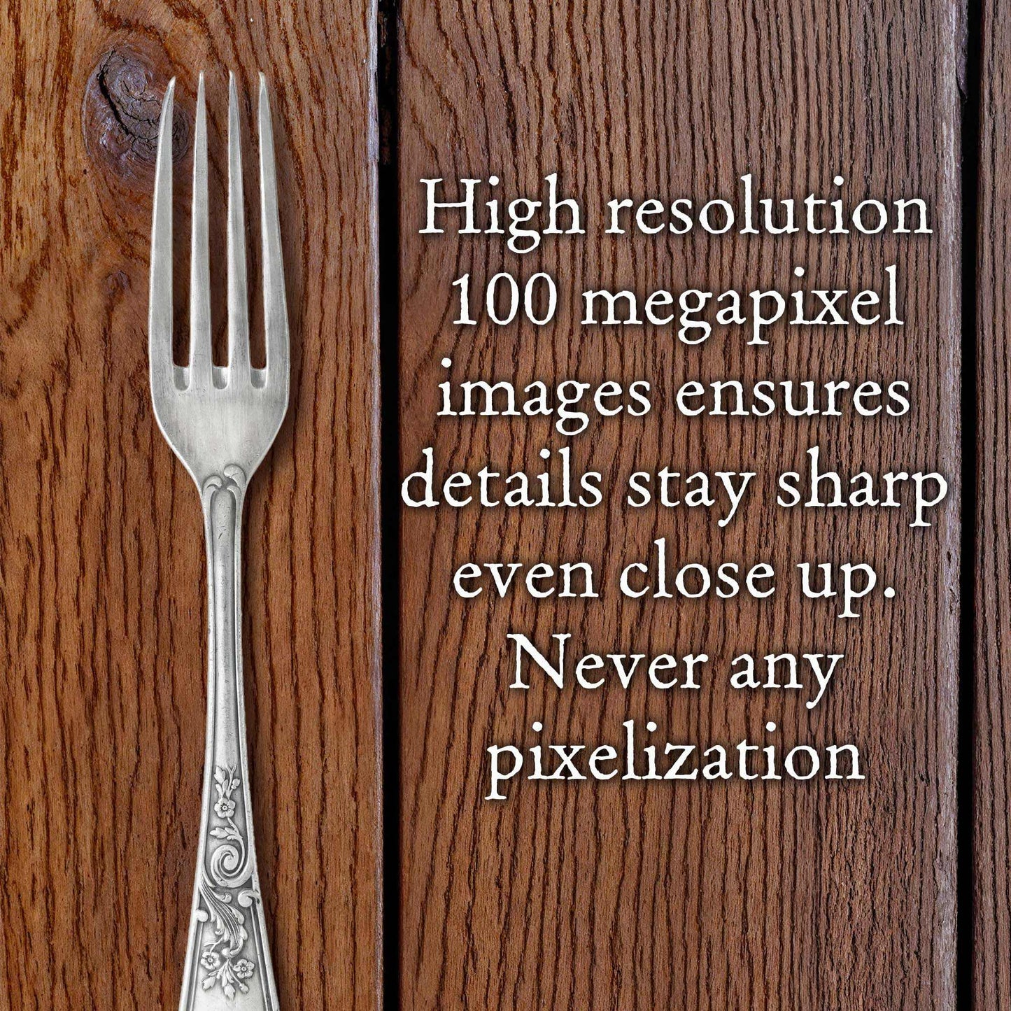 Richly textured saloon floor wood backdrop with dark oak planks, detailed fork, and text highlighting high-resolution image quality.