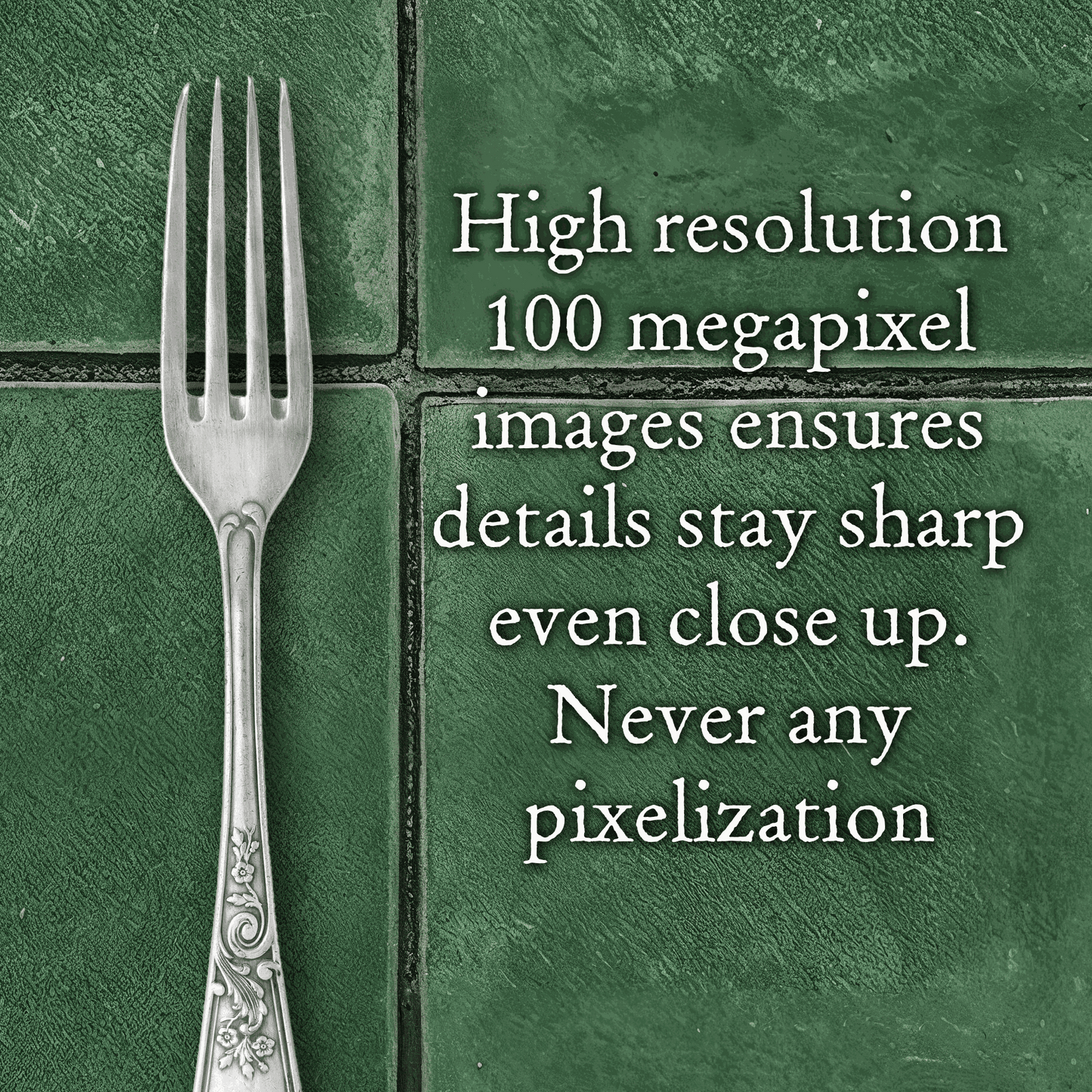 Vintage Verde green tiles with a fork, highlighting high-resolution image quality and sharp details.