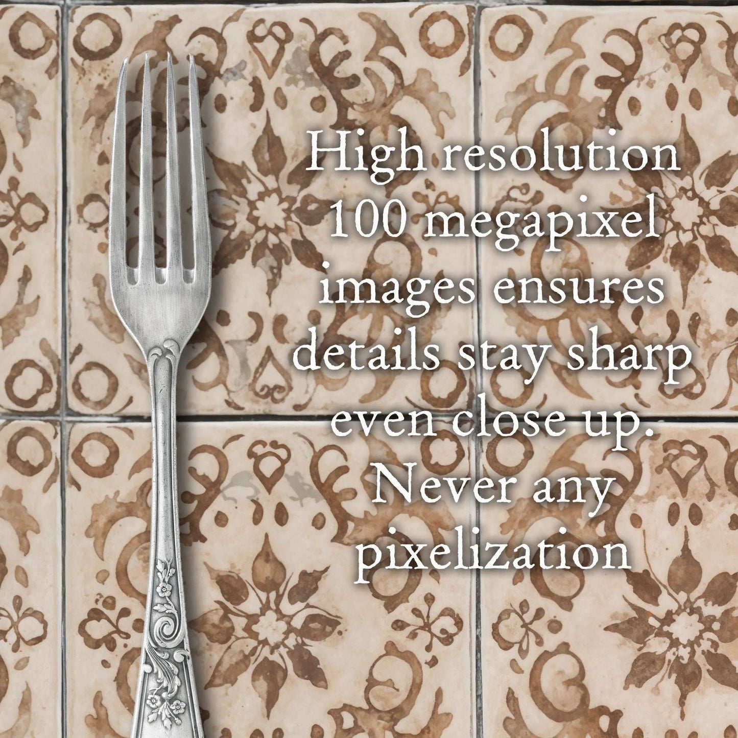 Hand-painted antique tiles backdrop with intricate floral patterns and a fork for vintage photography.