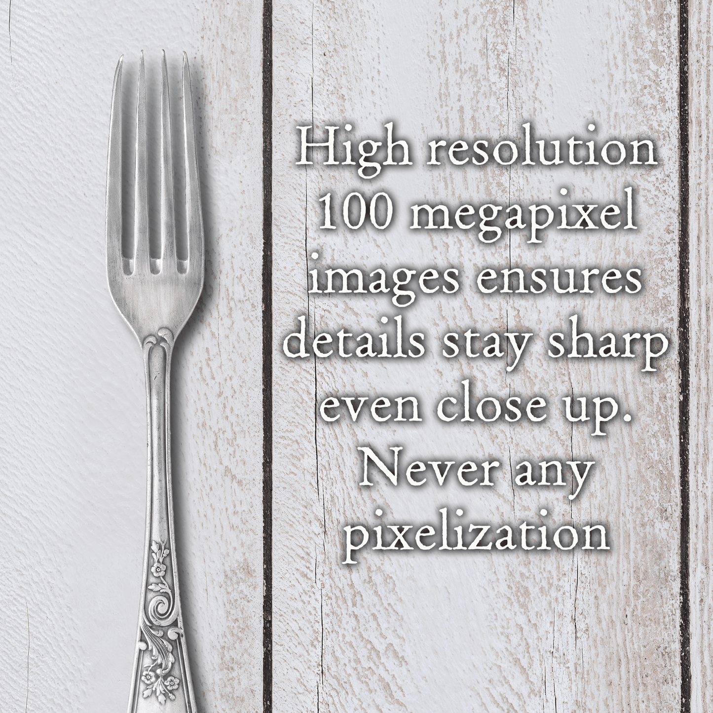 whitewashed wood plank backdrop with fork and quality text