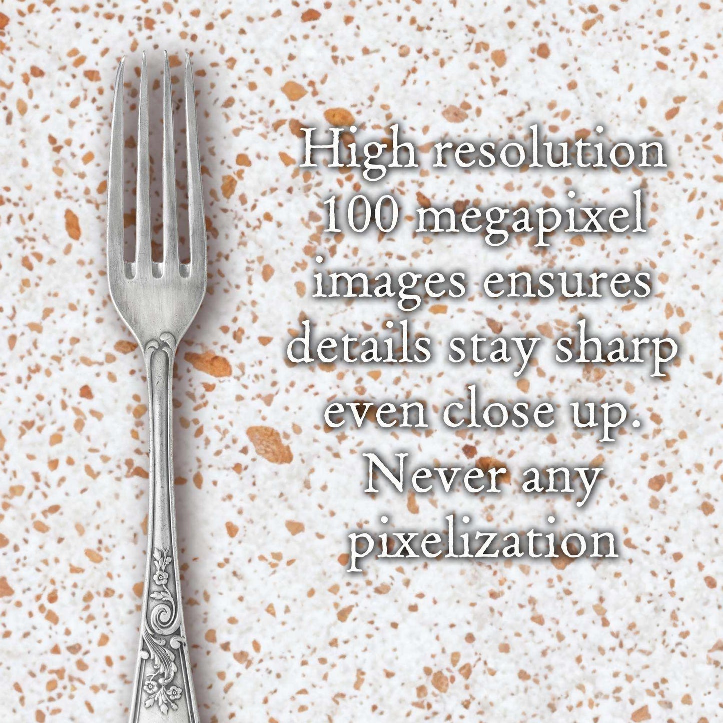 Warm Terrazzo texture with earthy tones and delicate speckles, featuring high-resolution details and a fork for scale.