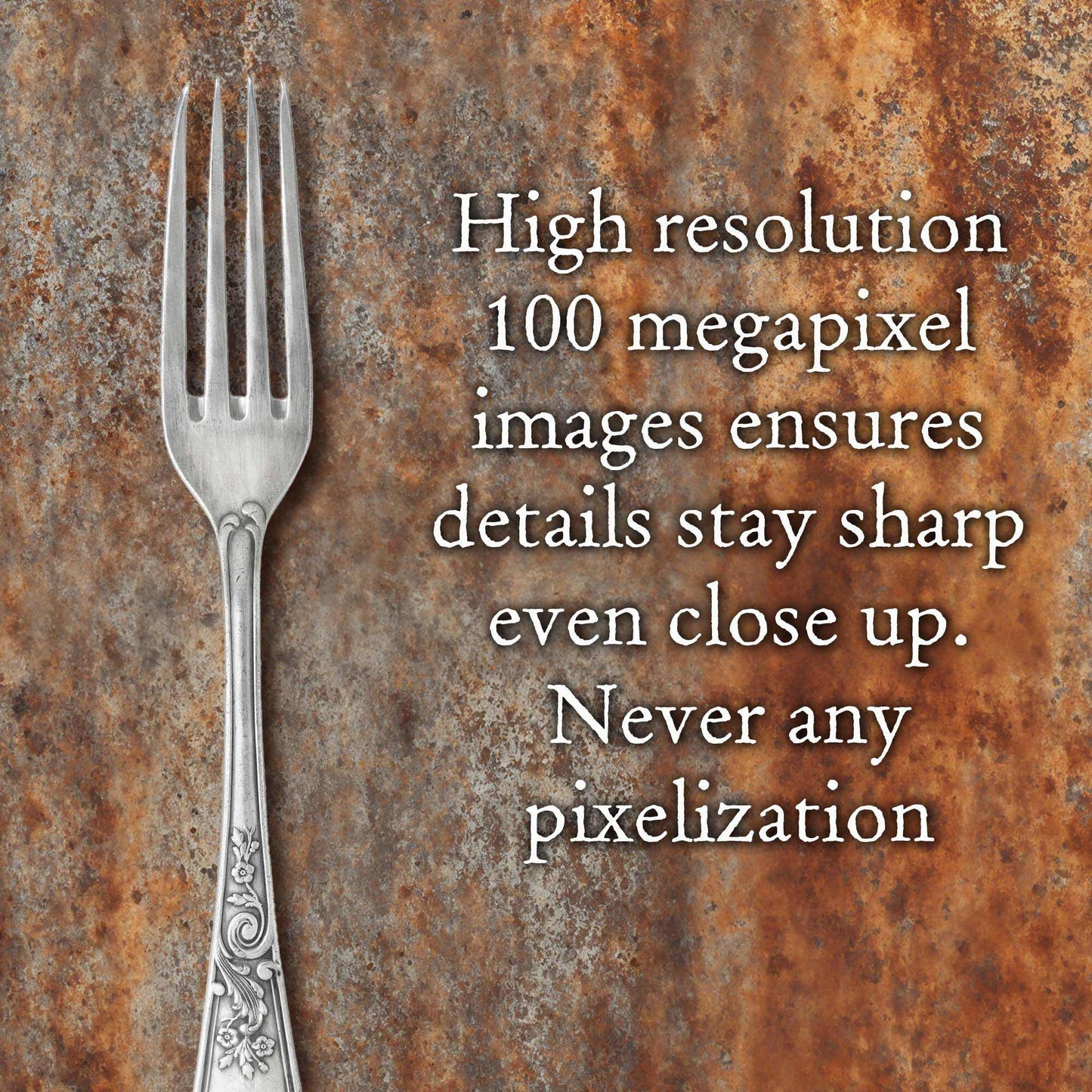 High-resolution image of rusted iron surface showcasing rich rust tones and metallic greys, with decorative fork for scale.