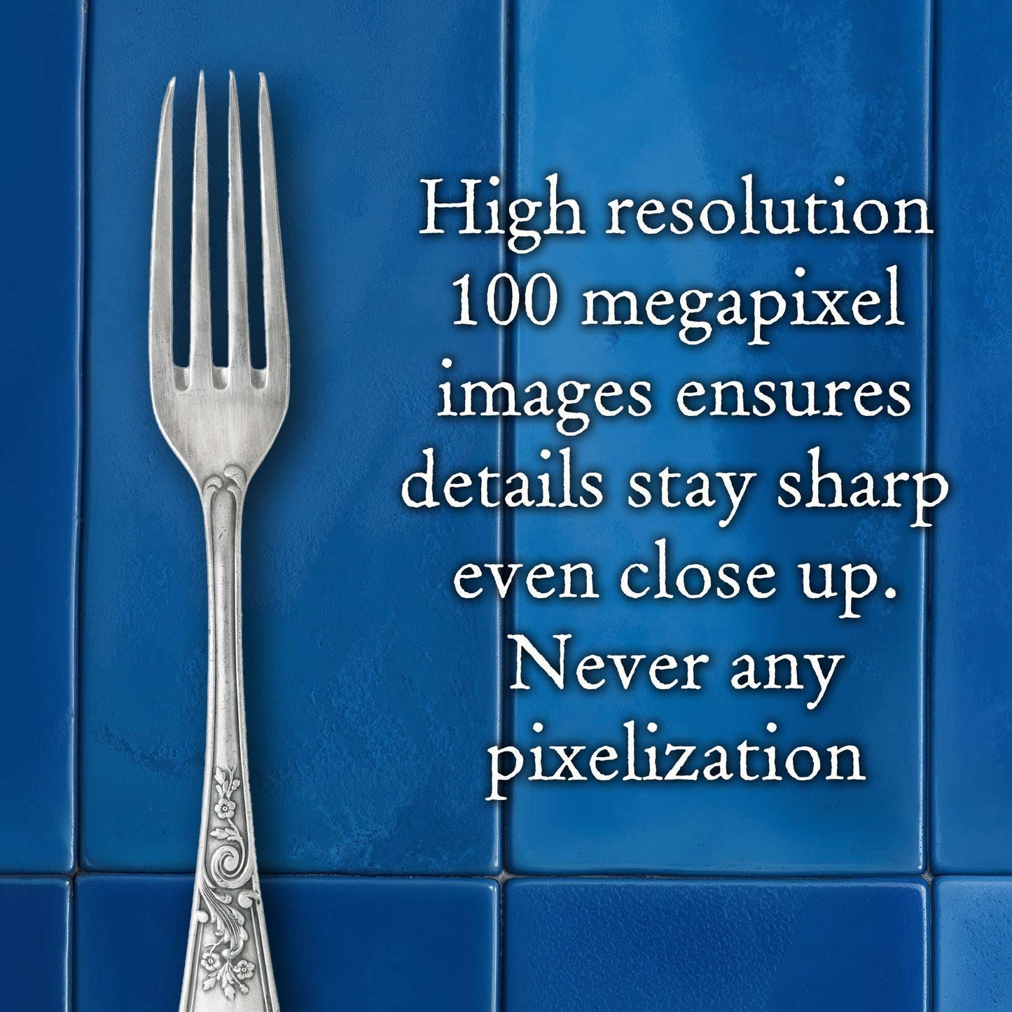 Indigo Layers backdrop with deep blue tile arrangement and silver fork, ideal for vibrant photography.