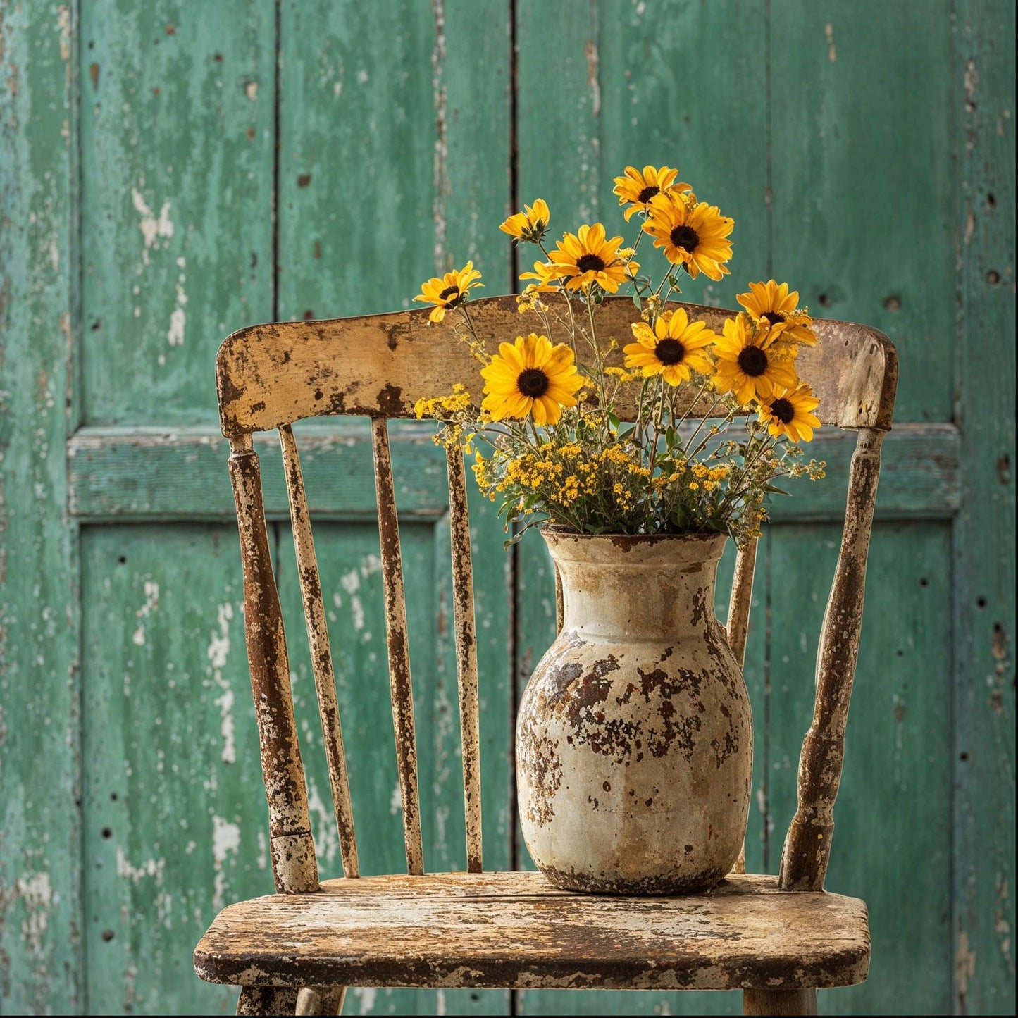 Worn green door backdrop with peeling paint and rustic chair with flowers.