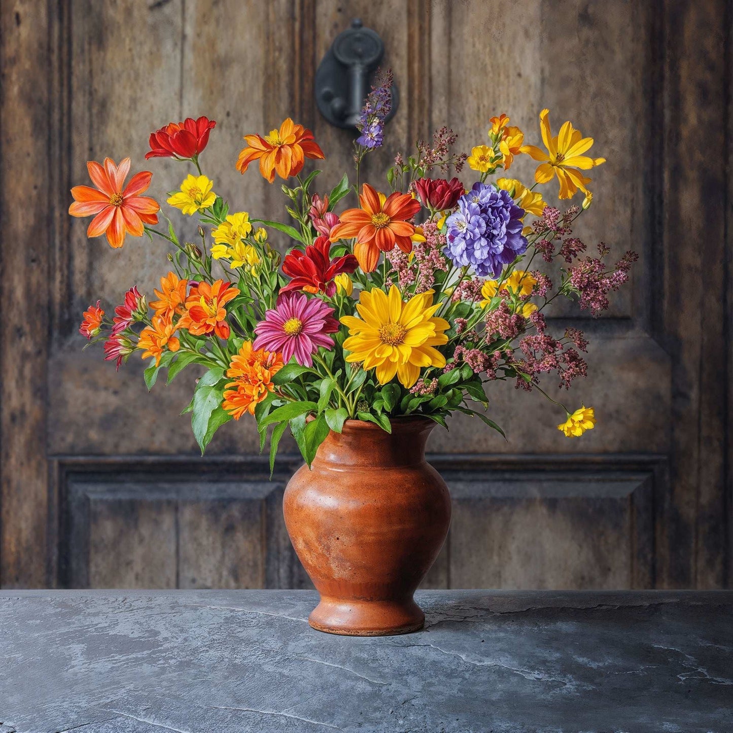 Aged Oak Door with intricate iron knocker and vibrant floral arrangement in a terracotta vase.