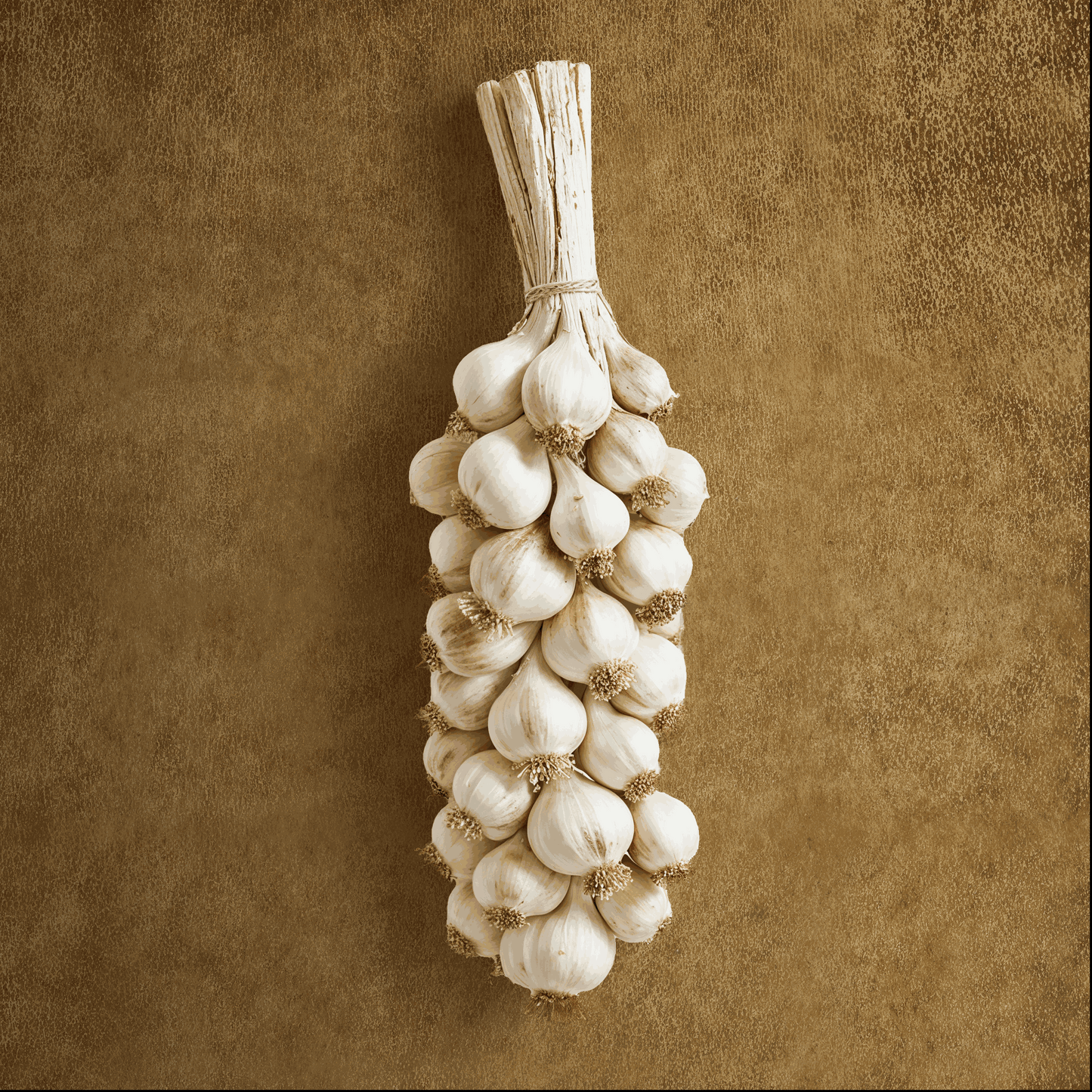 Amber Dust texture surface with rustic garlic bunch, evoking sunlit earth tones and aged beauty.