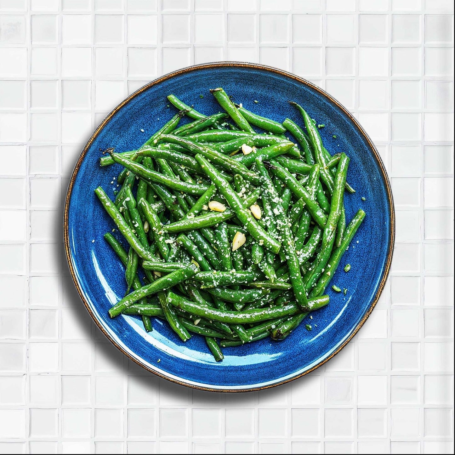 Marble backdrop with subtle white tile pattern showcasing elegant veining under a blue plate of green beans.