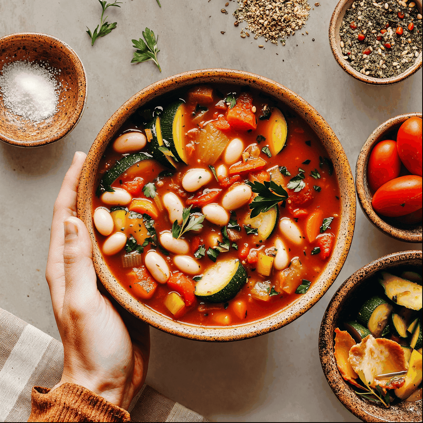 Warm Linen backdrop with a bowl of vegetable soup and spices.