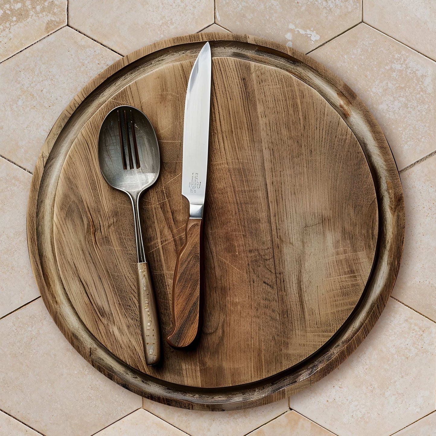 Rustic Terra Tile photography background with earthy tones and hexagonal pattern, featuring a wooden tray and cutlery.