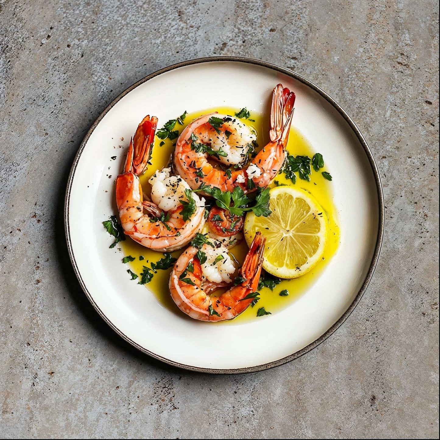Stone-textured food photography backdrop with shrimp and lemon dish on Worn Heritage surface.