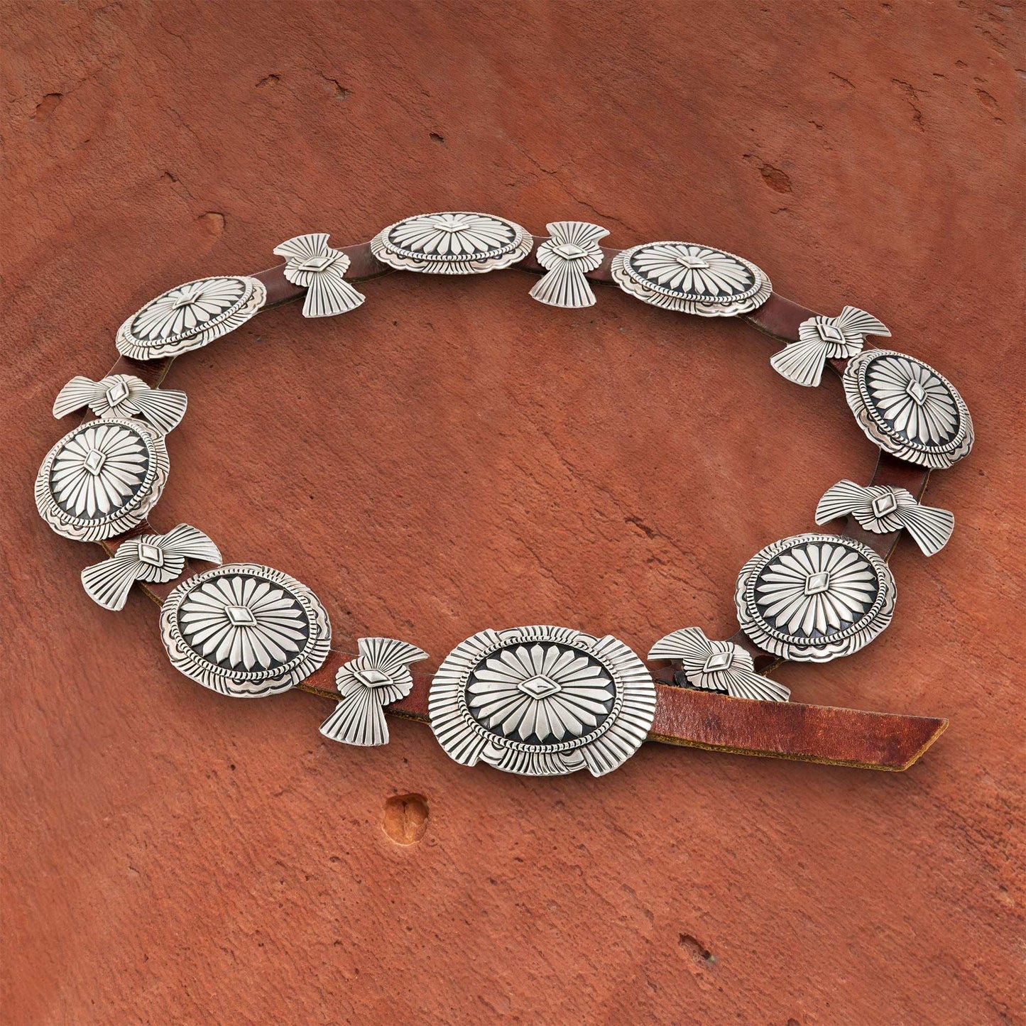 Rustic Ember terracotta backdrop with silver jewelry, showcasing southwestern aesthetics.