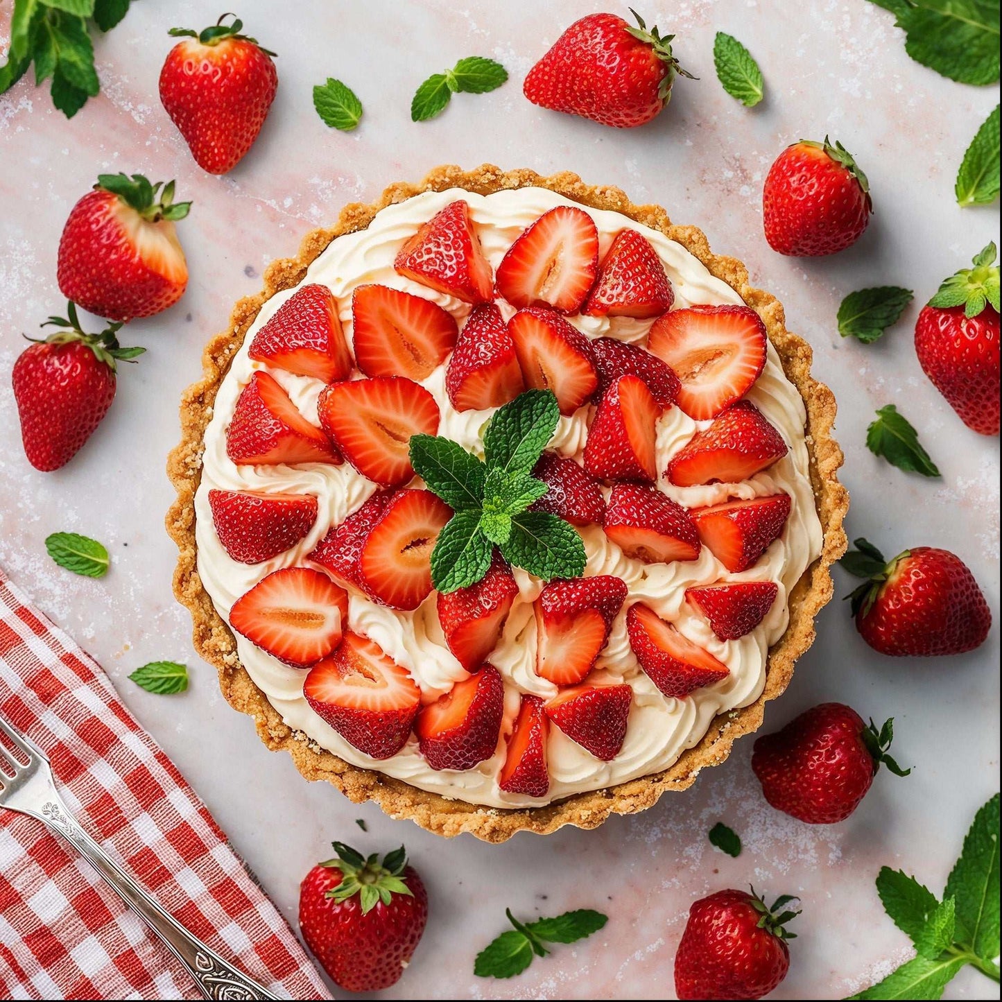 Soft pink quartz backdrop with strawberries tart, enhancing food photography.
