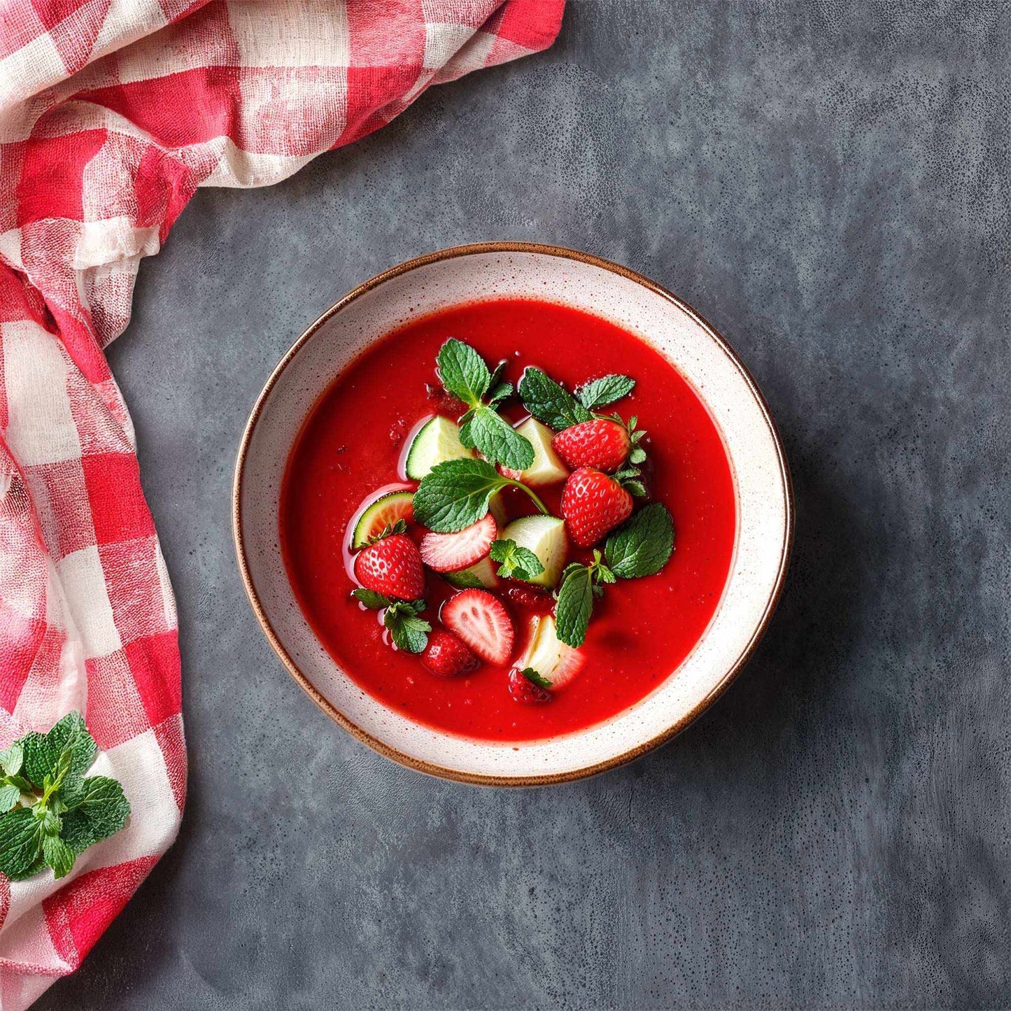 Charcoal Veil dark grey backdrop with vibrant red soup and fresh fruits.