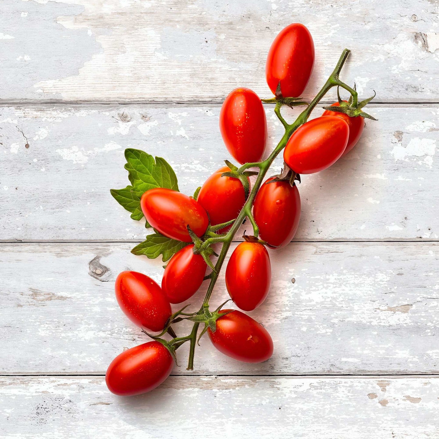 Antique White Boards with distressed texture and vine tomatoes, ideal for rustic photography.