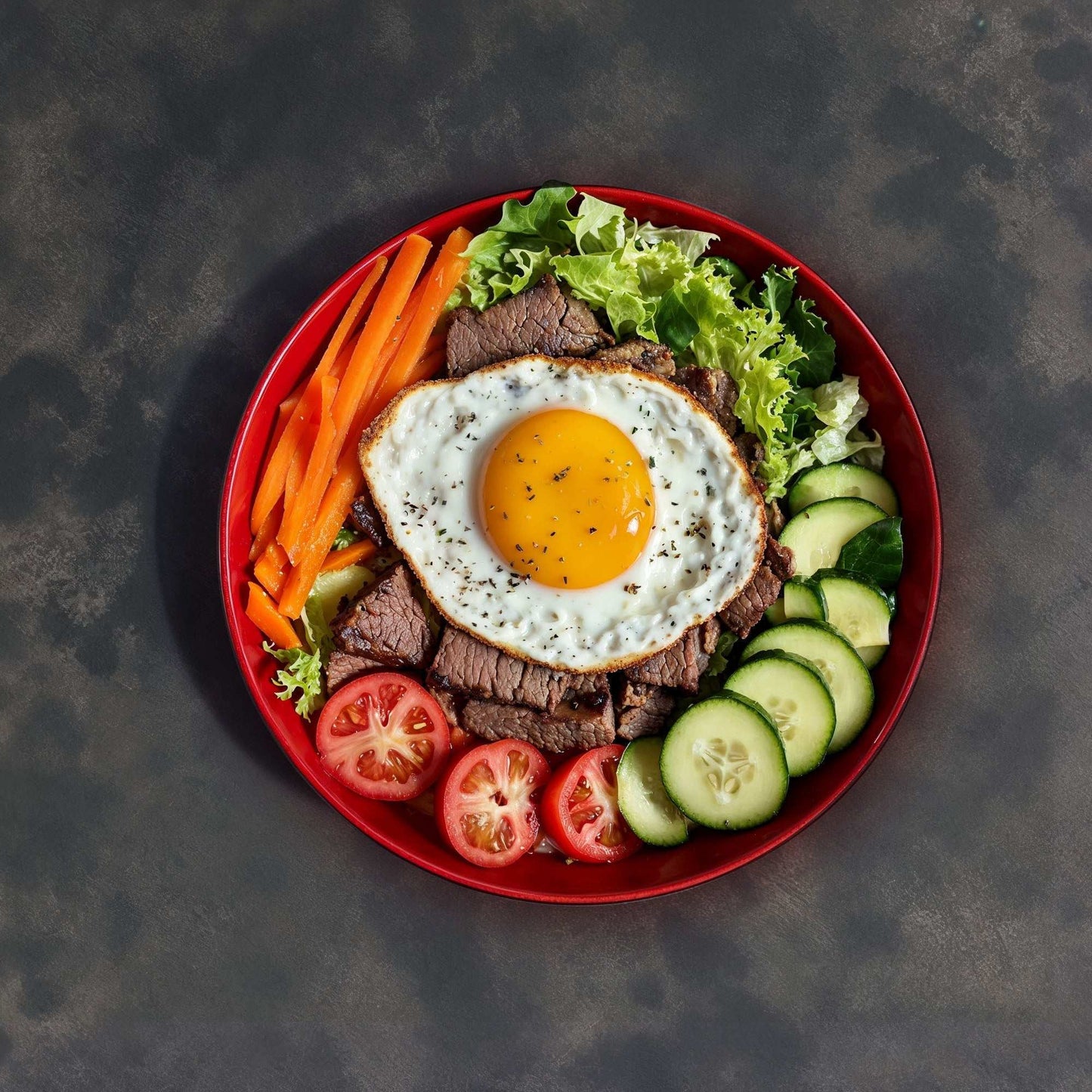 Dark Storm backdrop with vibrant meal featuring a fried egg, beef, vegetables on a red plate.