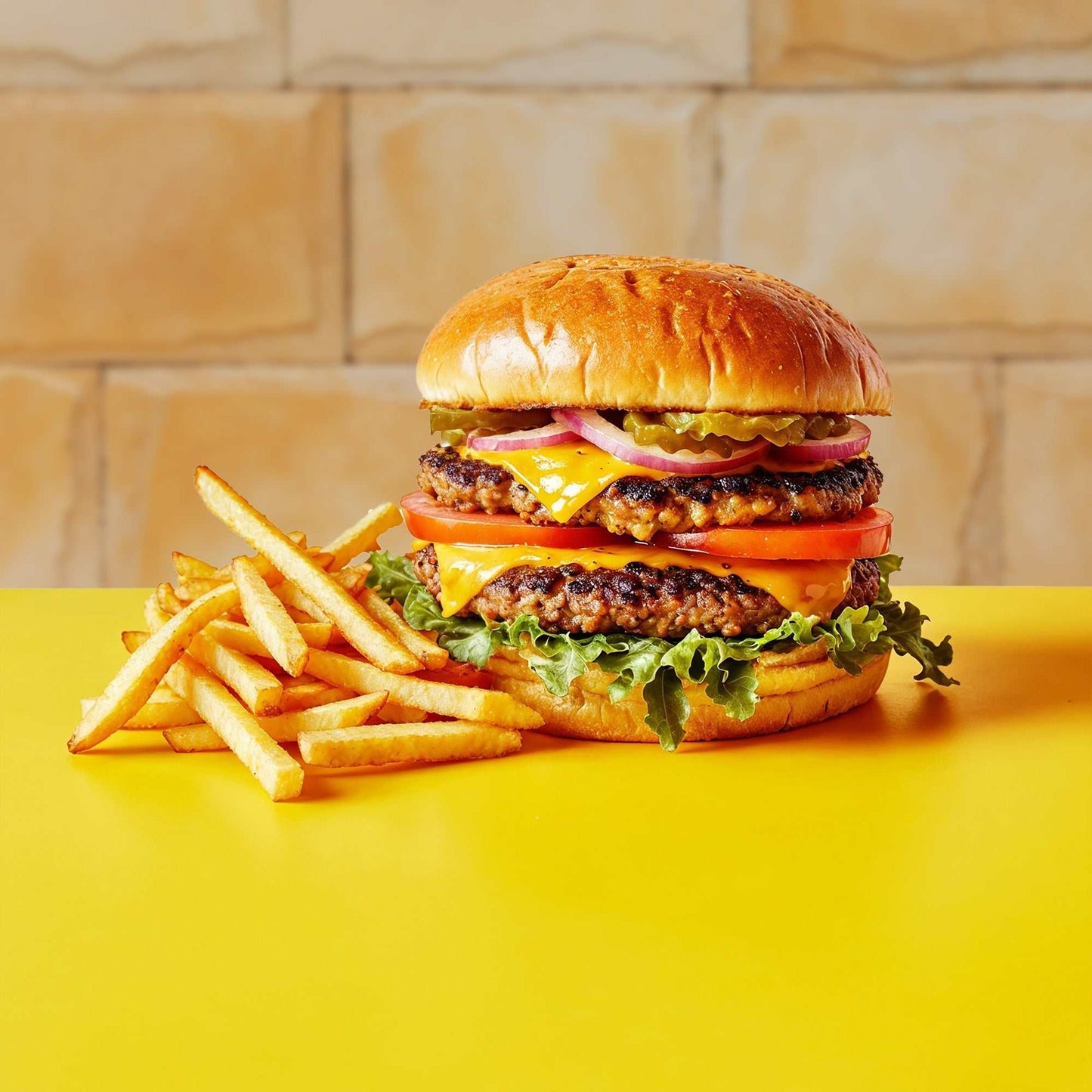 Butterscotch Blocks backdrop with light yellow sandstone bricks behind a burger and fries.