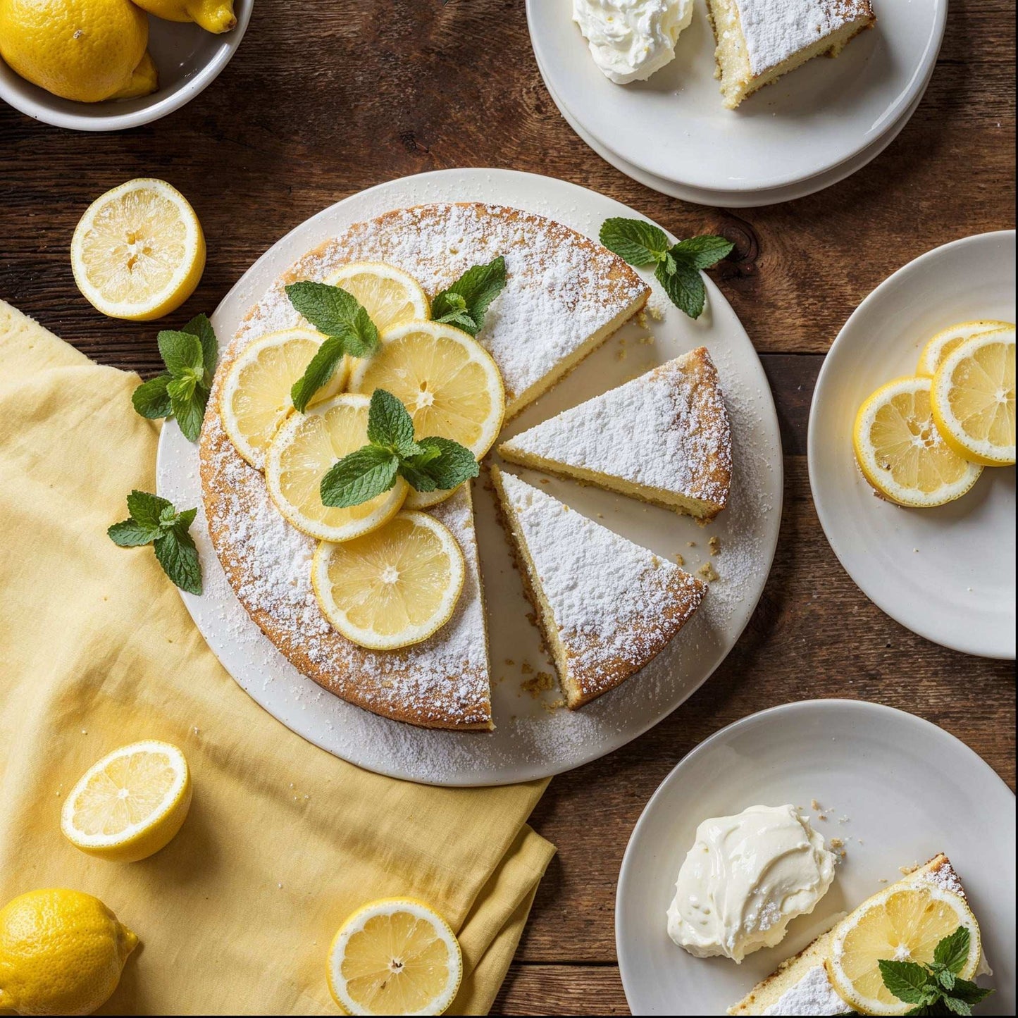 Rustic Walnut backdrop with lemon cake and fresh slices on wooden surface.