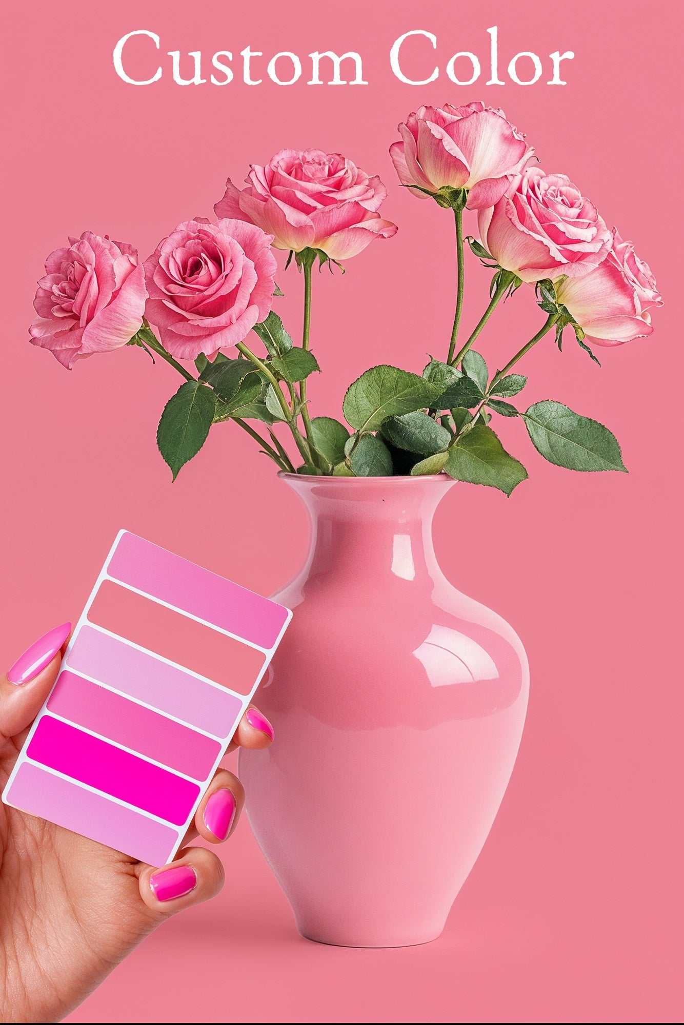 Custom color vinyl backdrop with pink roses in a matching vase.