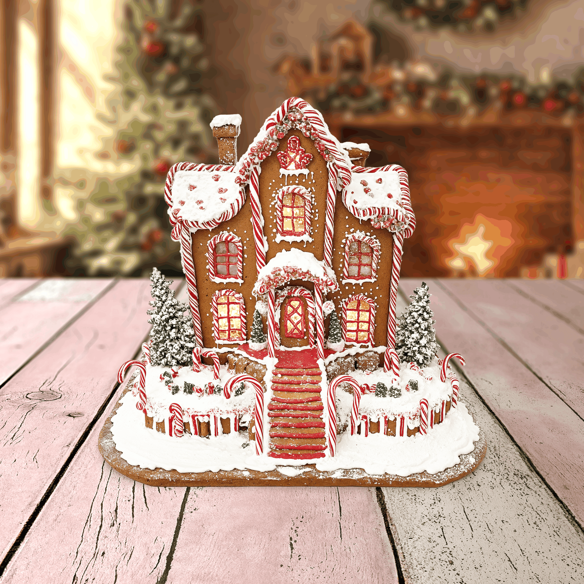 Pretty in Pink Planks vintage wooden backdrop with delicate pink and white tones, featuring a gingerbread house display.